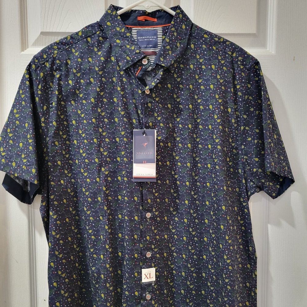 Men's Dress Shirt Denim and Flower by Ricky Singh, Short Sleeve